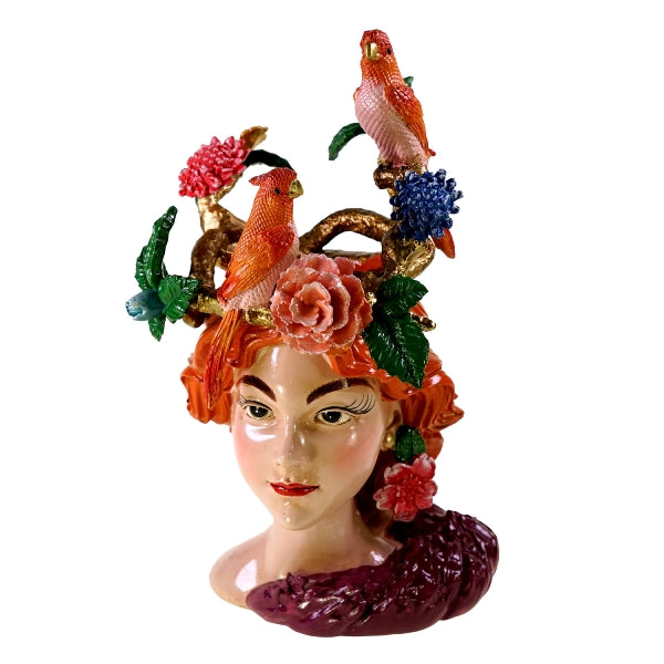 Vase Frauenkopf mit Papageien – Deko-Vase aus Polyresin 35 cm | Indoor